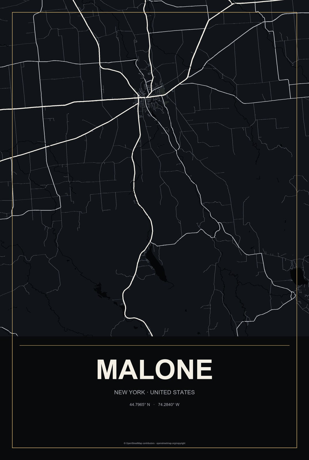 Malone, New York City Map Aluminum Sign in Metropolitan Noir style