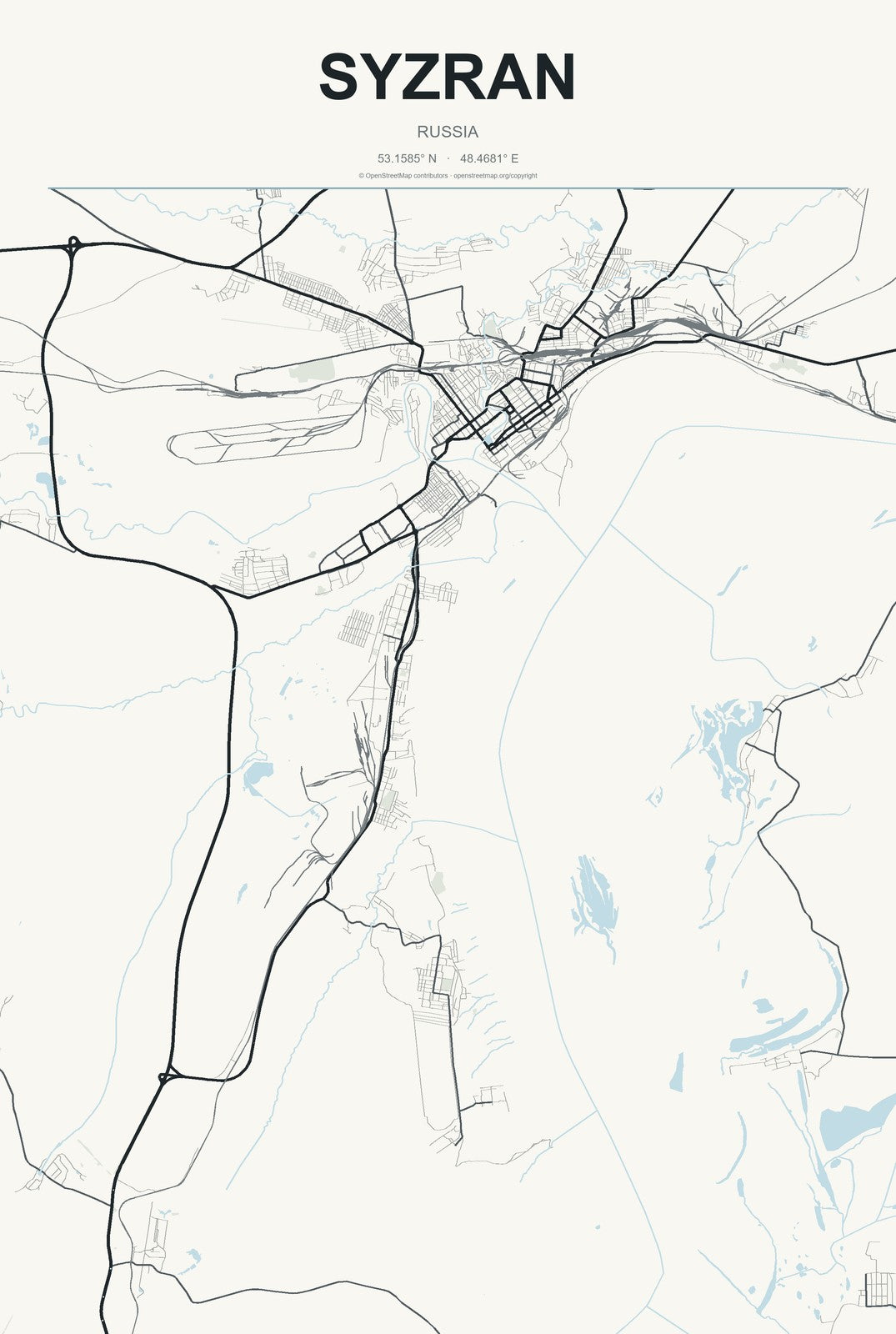 Syzran, Russia City Map Aluminum Sign in Headline Atlas style