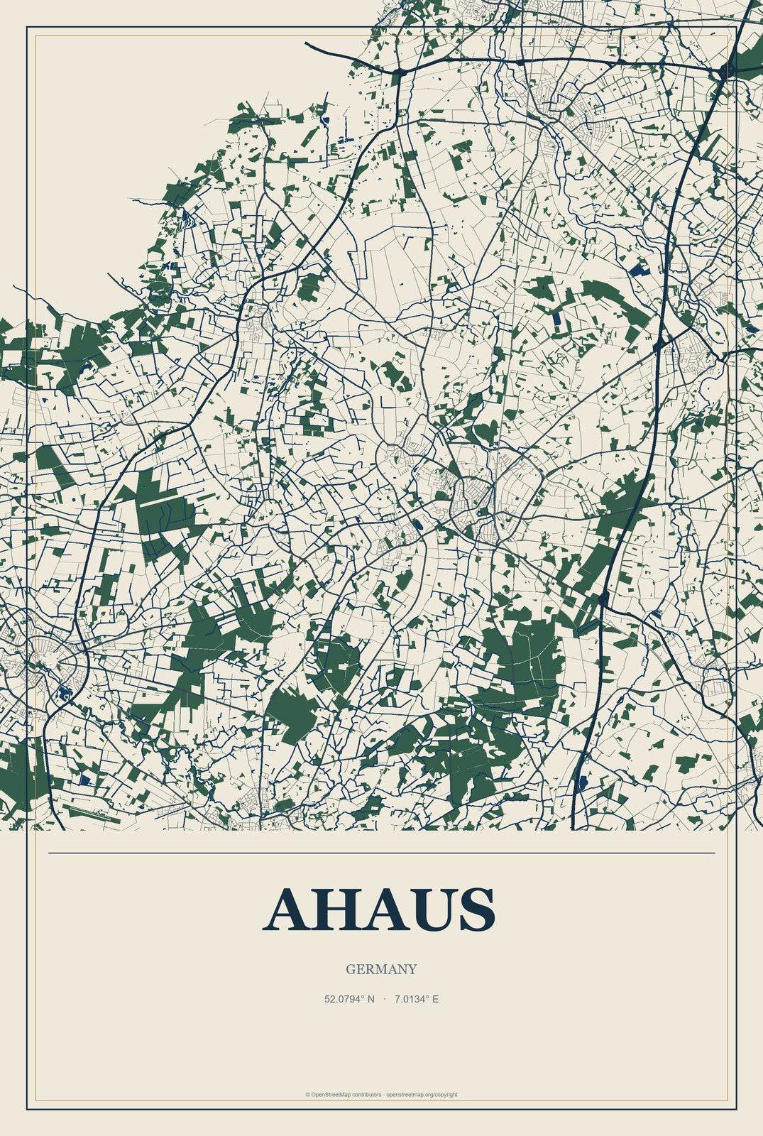 Ahaus, Germany City Map Aluminum Sign in Coastal Cutout style
