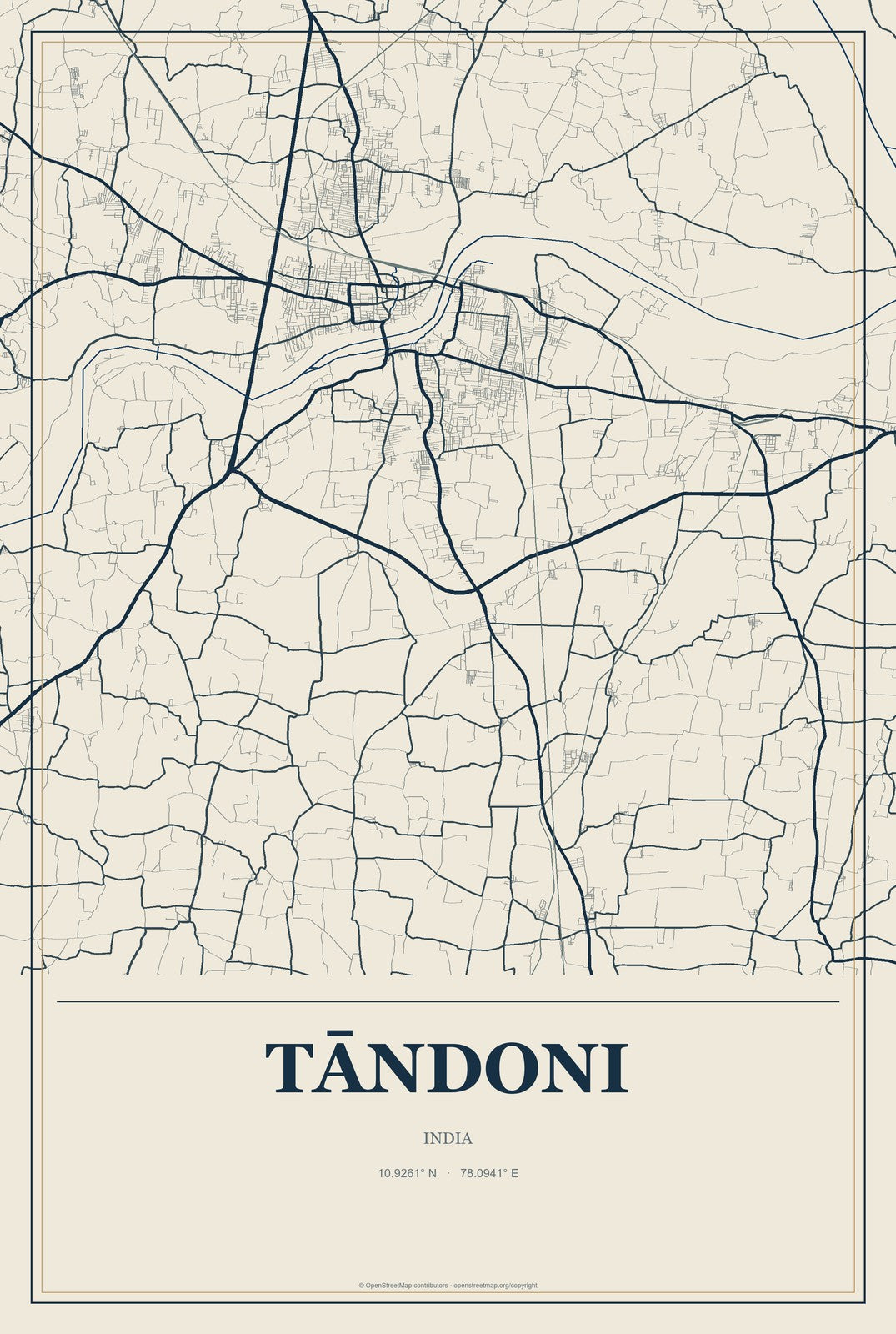 Tāndoni, India City Map Aluminum Sign in Coastal Cutout style