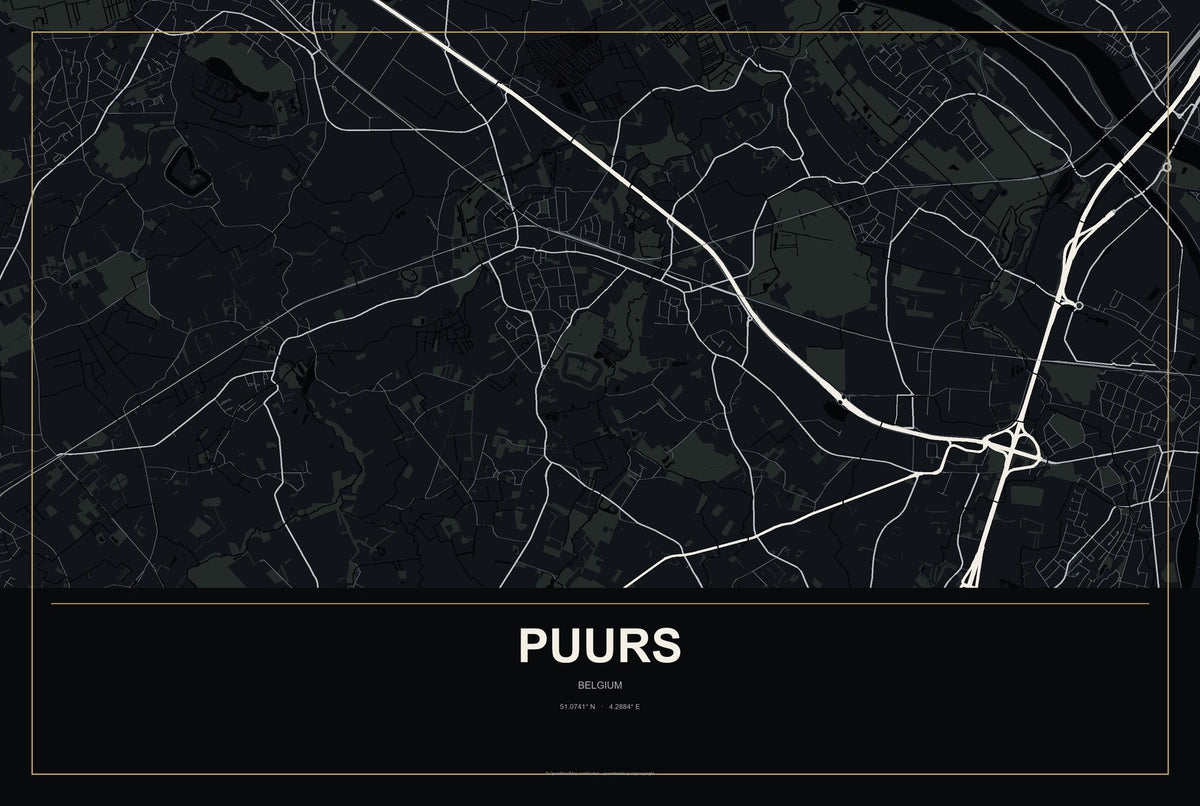 Puurs, Belgium City Map Aluminum Sign in Metropolitan Noir style