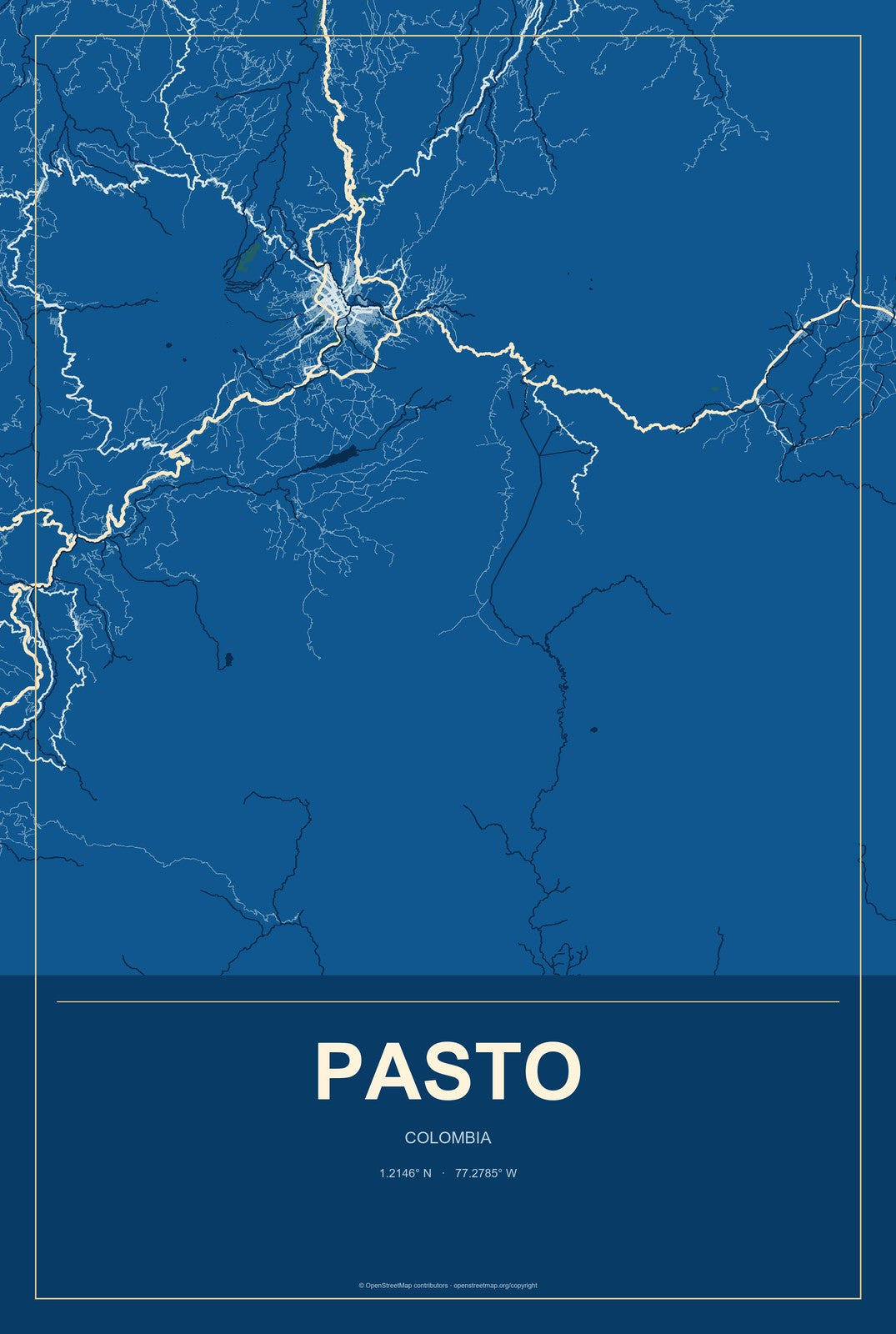 Pasto, Colombia City Map Aluminum Sign in Harbor Cobalt style