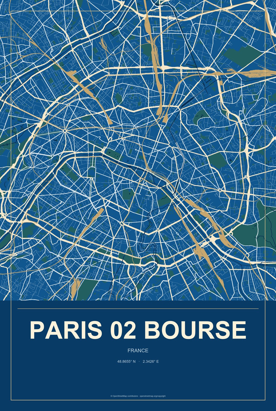 Paris 02 Bourse, France City Map Aluminum Sign in Harbor Cobalt style