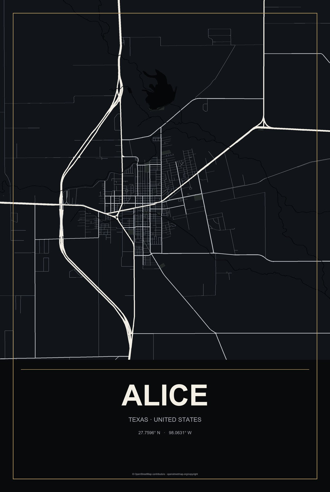 Alice, Texas City Map Aluminum Sign in Metropolitan Noir style