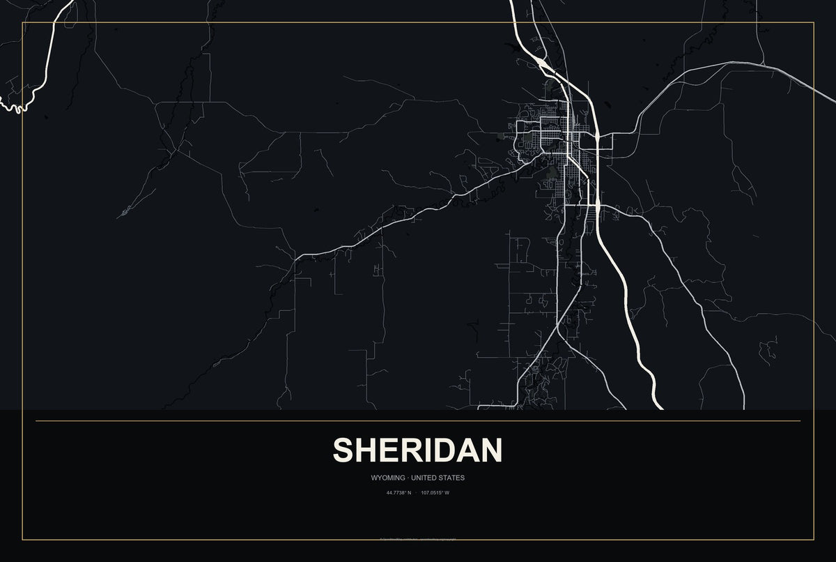 Sheridan, Wyoming City Map Aluminum Sign in Metropolitan Noir style