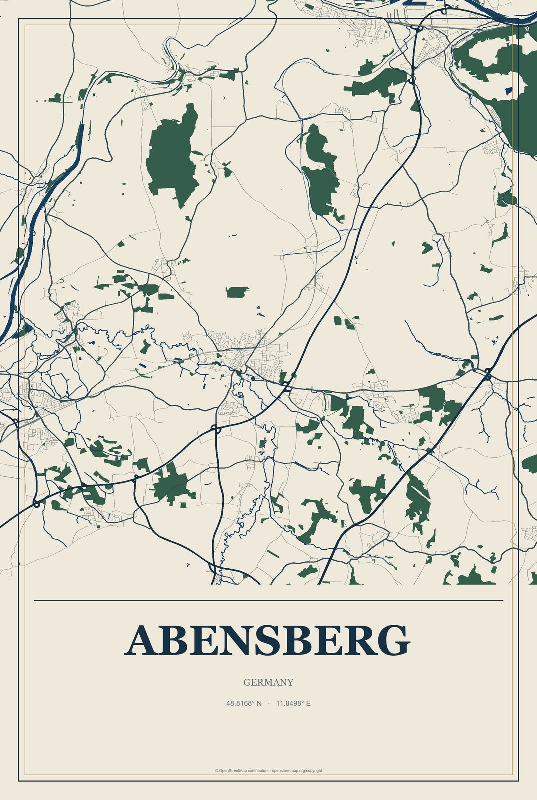 Abensberg, Germany City Map Aluminum Sign in Coastal Cutout style