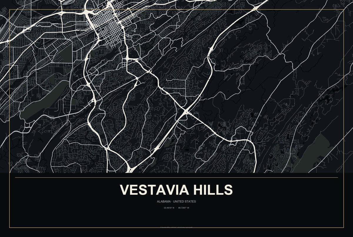 Vestavia Hills, Alabama City Map Aluminum Sign in Metropolitan Noir style