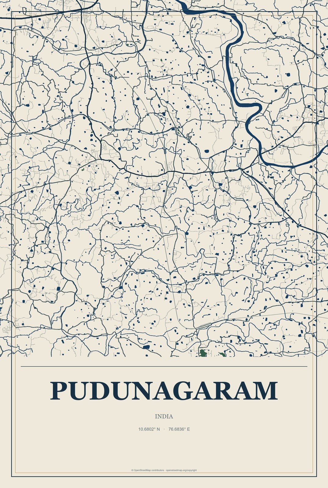 Pudunagaram, India City Map Aluminum Sign in Coastal Cutout style
