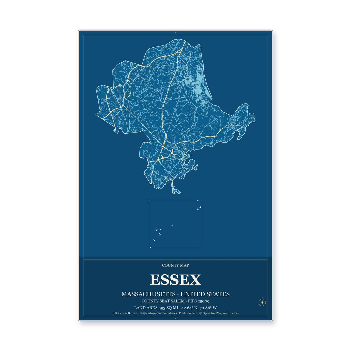 Essex County, Massachusetts Map Aluminum Sign in Harbor Cobalt style