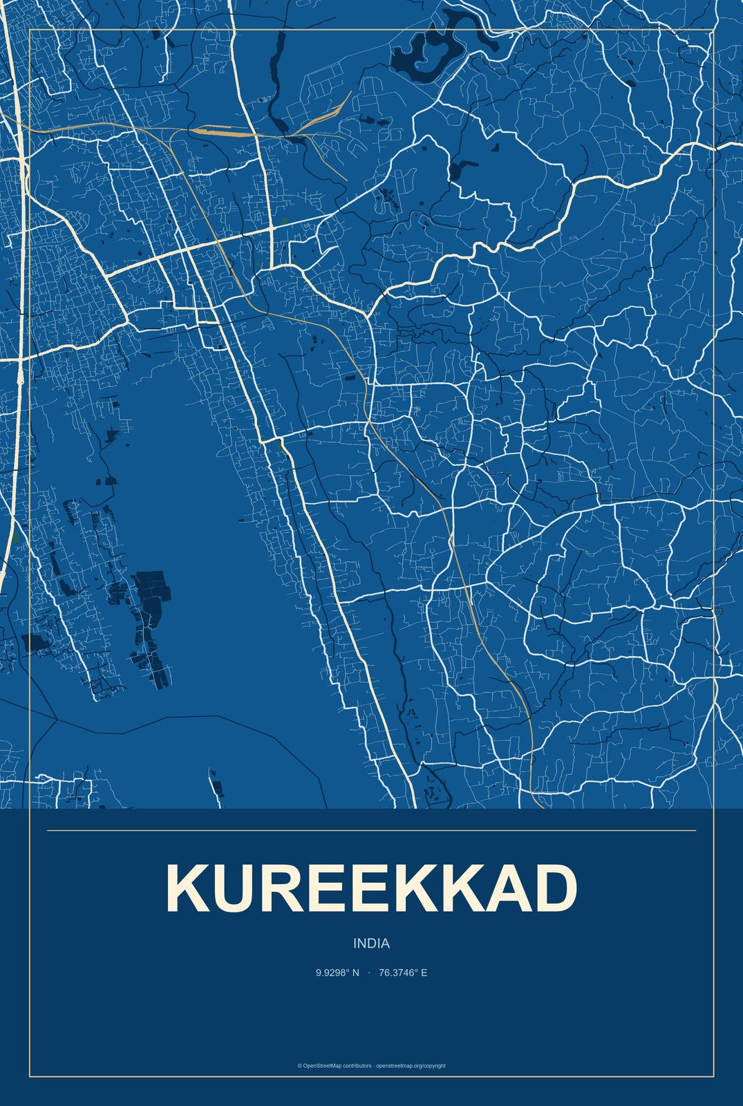 Kureekkad, India City Map Aluminum Sign in Harbor Cobalt style