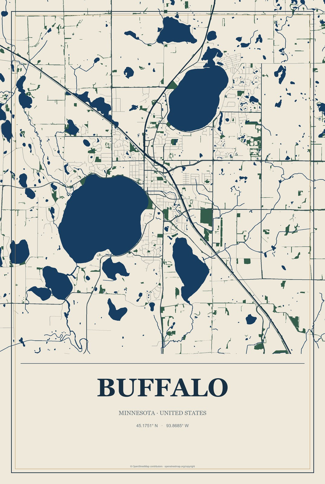 Buffalo, Minnesota City Map Aluminum Sign in Coastal Cutout style