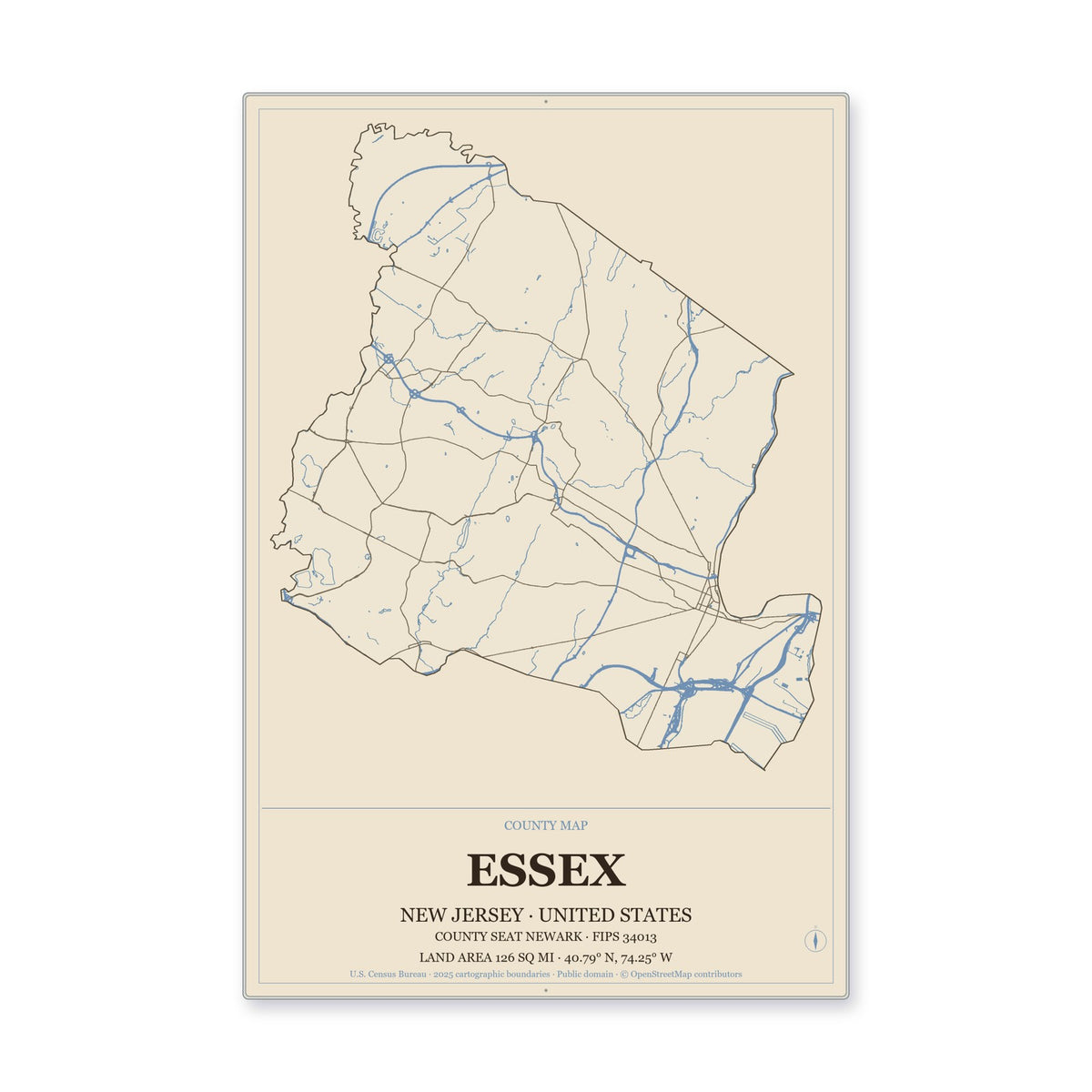 Essex County, New Jersey Map Aluminum Sign in Heritage Nautical style