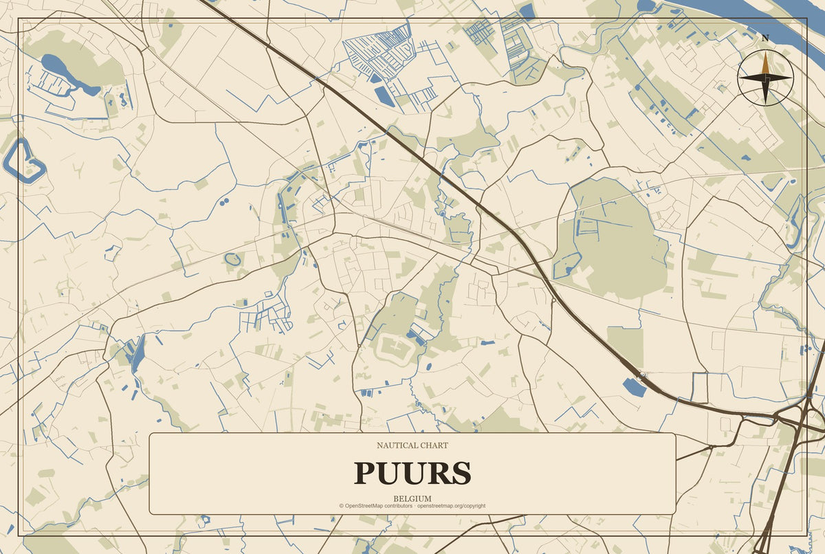 Puurs, Belgium City Map Aluminum Sign in Heritage Nautical style