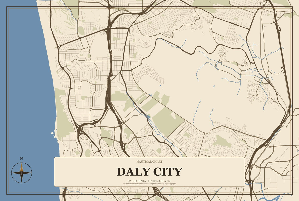 Daly City, California City Map Aluminum Sign in Heritage Nautical style