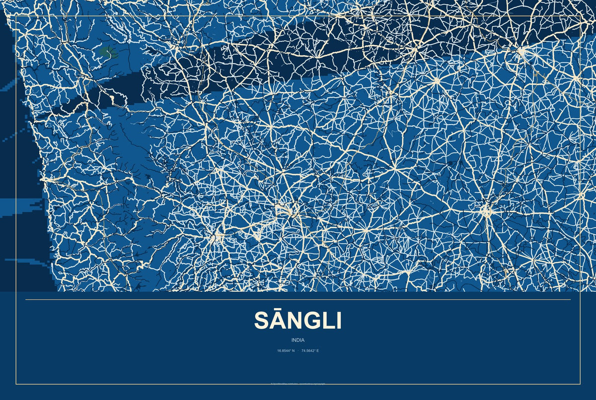 Sāngli, India City Map Aluminum Sign in Harbor Cobalt style