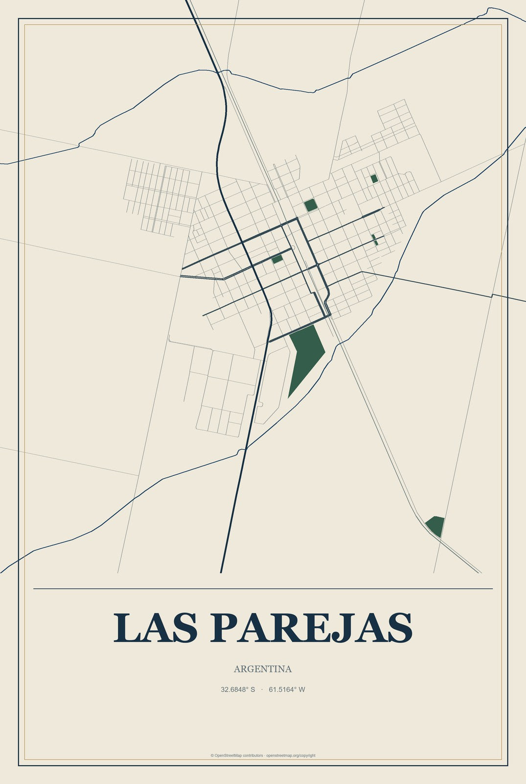 Las Parejas, Argentina City Map Aluminum Sign in Coastal Cutout style