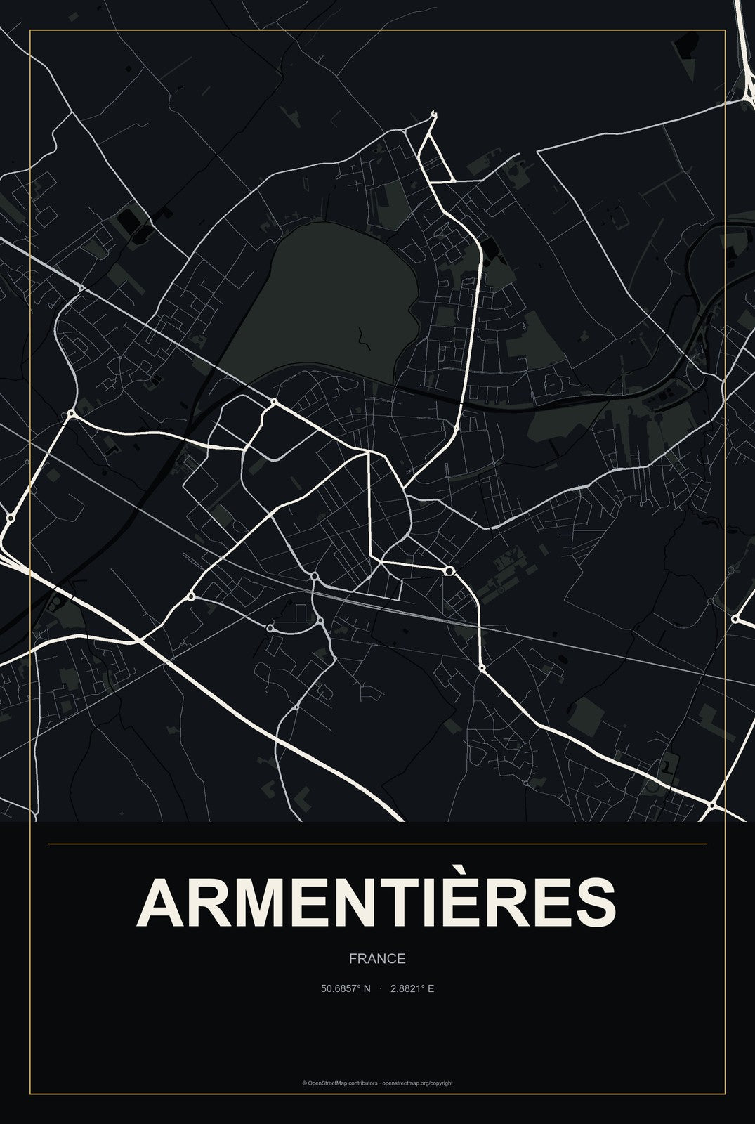 Armentières, France City Map Aluminum Sign in Metropolitan Noir style