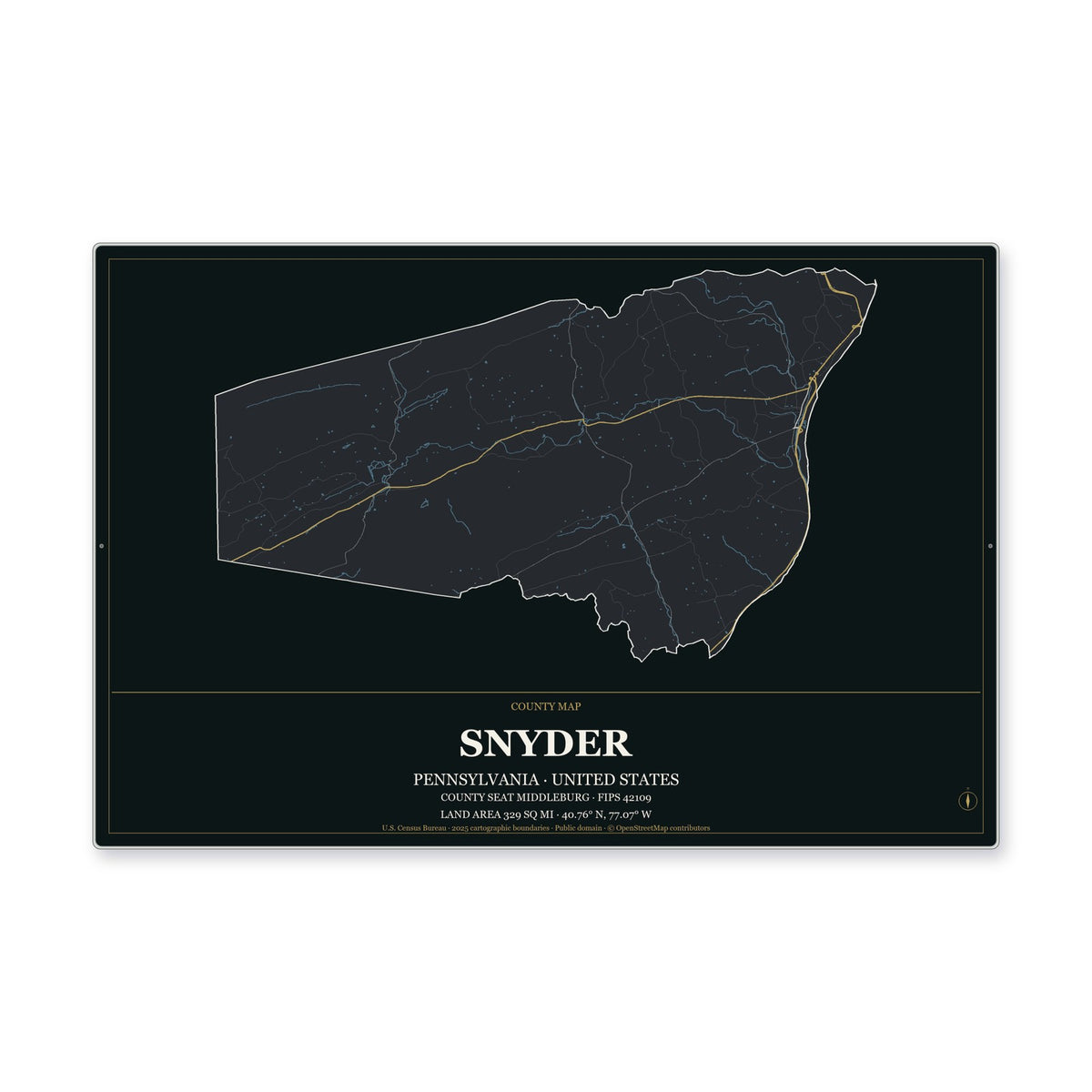 Snyder County, Pennsylvania Map Aluminum Sign in Metropolitan Noir style