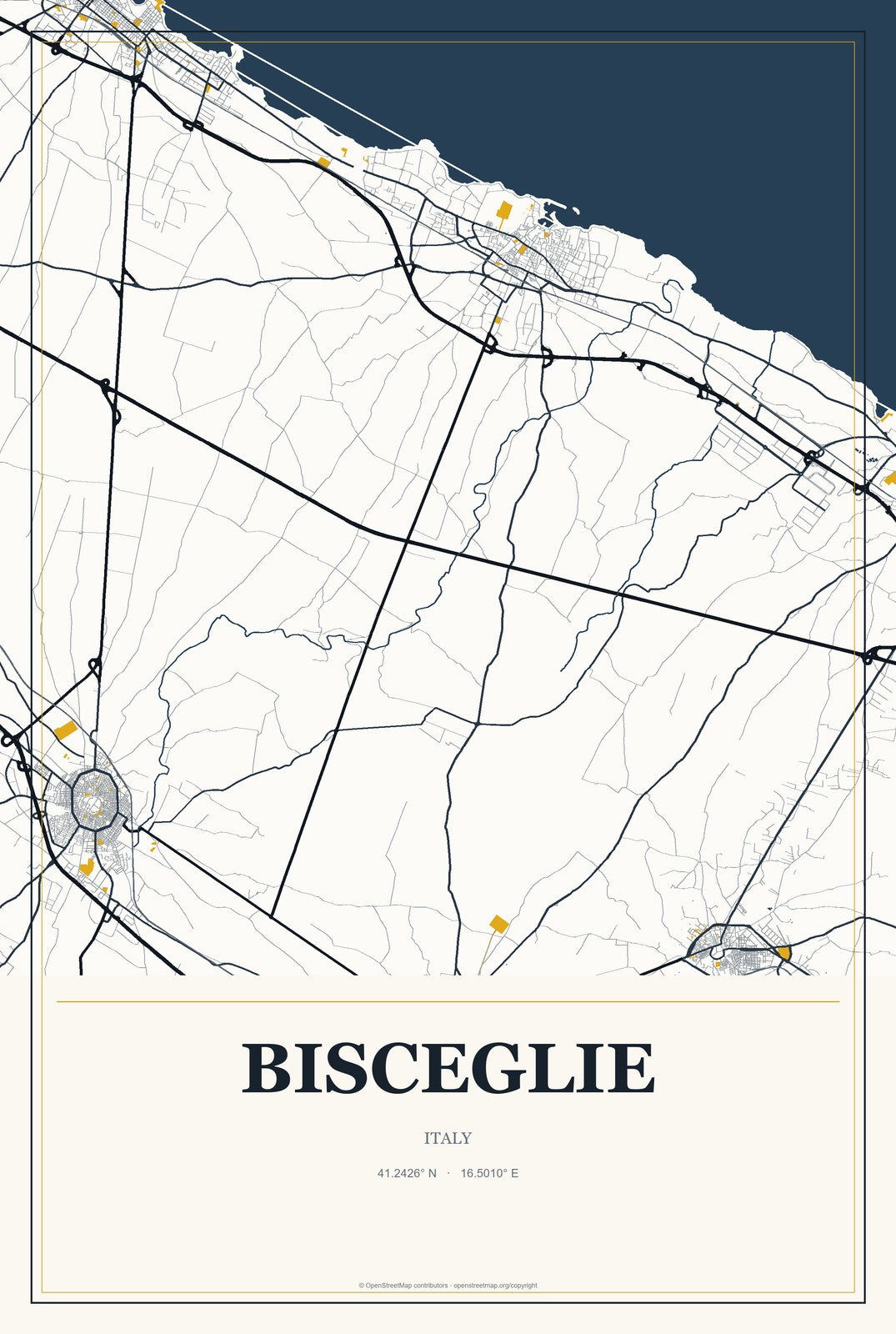 Bisceglie, Italy City Map Aluminum Sign in Citrine Modern style