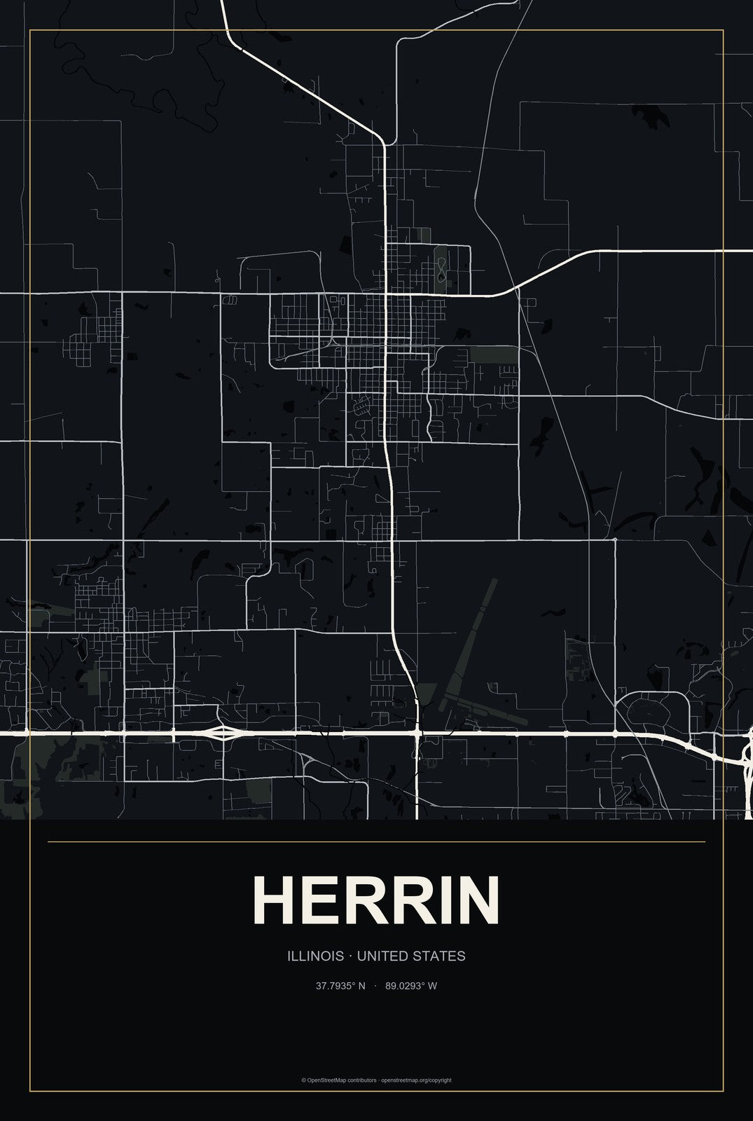 Herrin, Illinois City Map Aluminum Sign in Metropolitan Noir style