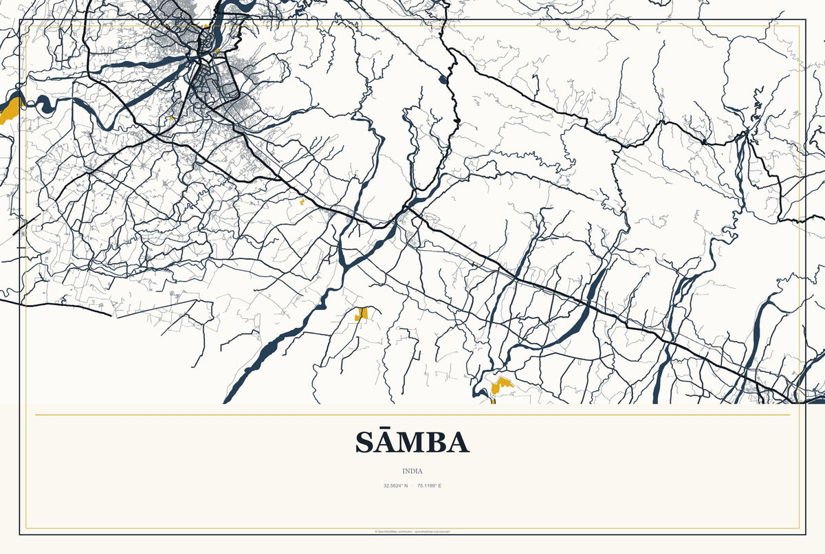 Sāmba, India City Map Aluminum Sign in Citrine Modern style