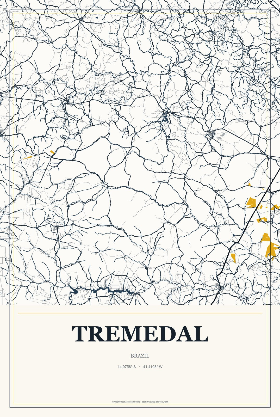 Tremedal, Brazil City Map Aluminum Sign in Citrine Modern style