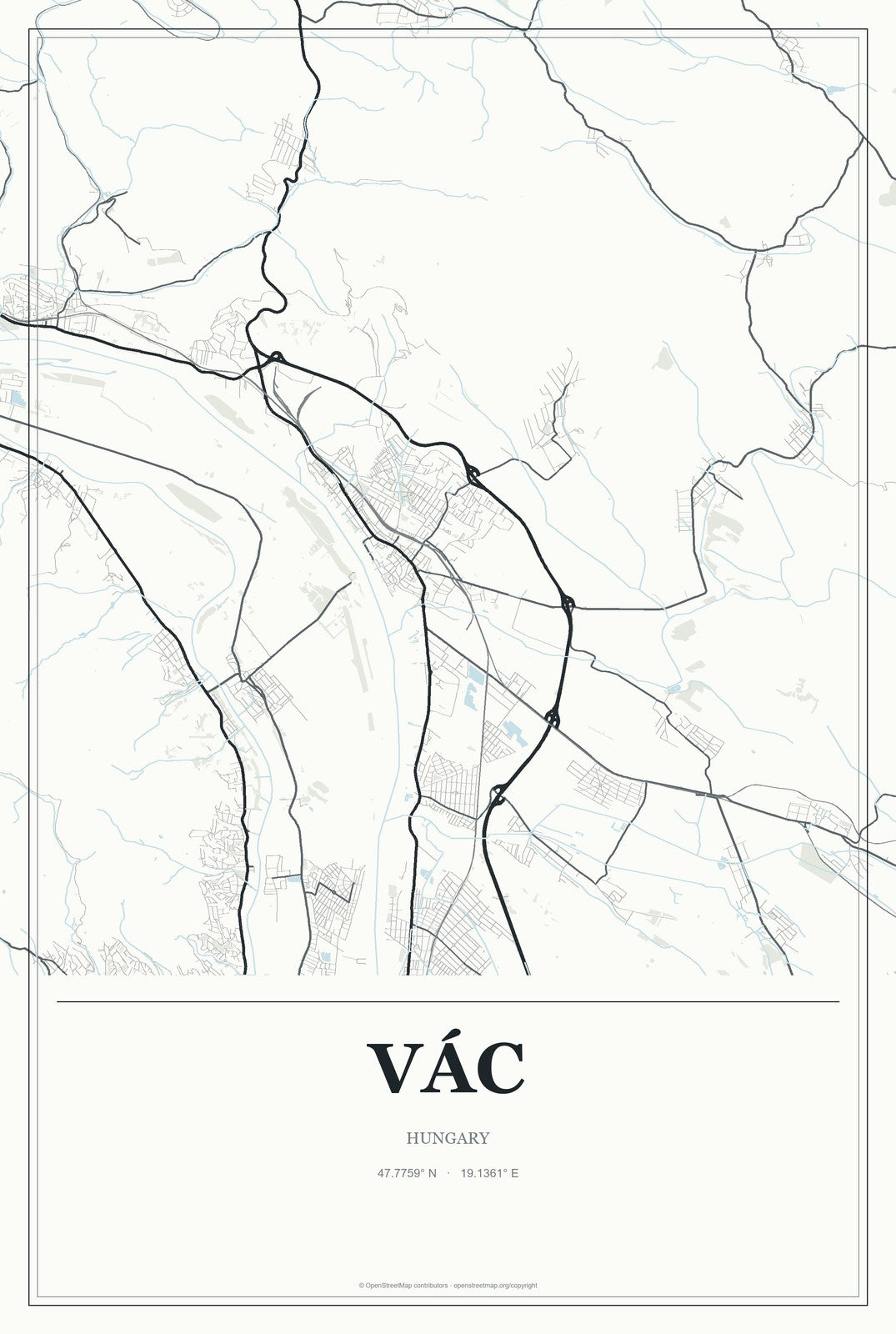 Vác, Hungary City Map Aluminum Sign in Gallery Air style