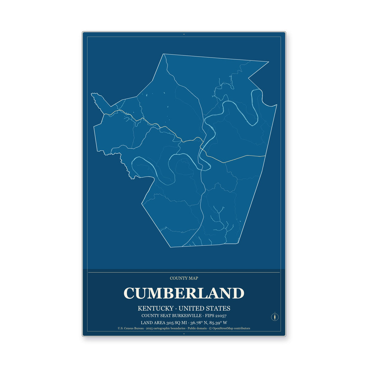 Cumberland County, Kentucky Map Aluminum Sign in Harbor Cobalt style