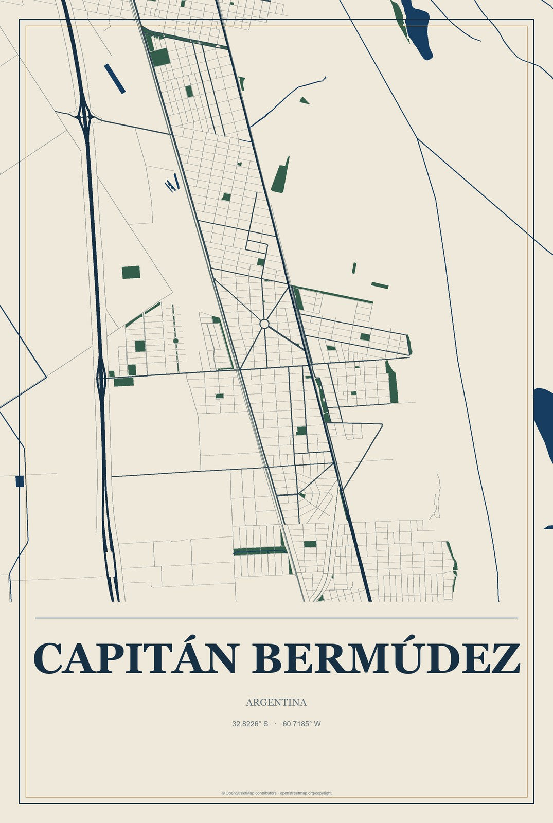 Capitán Bermúdez, Argentina City Map Aluminum Sign in Coastal Cutout style