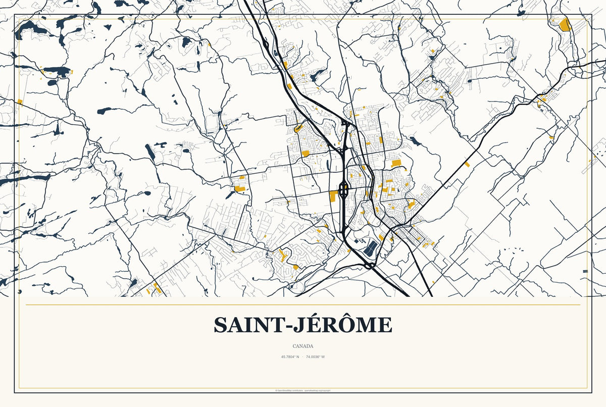 Saint-Jérôme, Canada City Map Aluminum Sign in Citrine Modern style