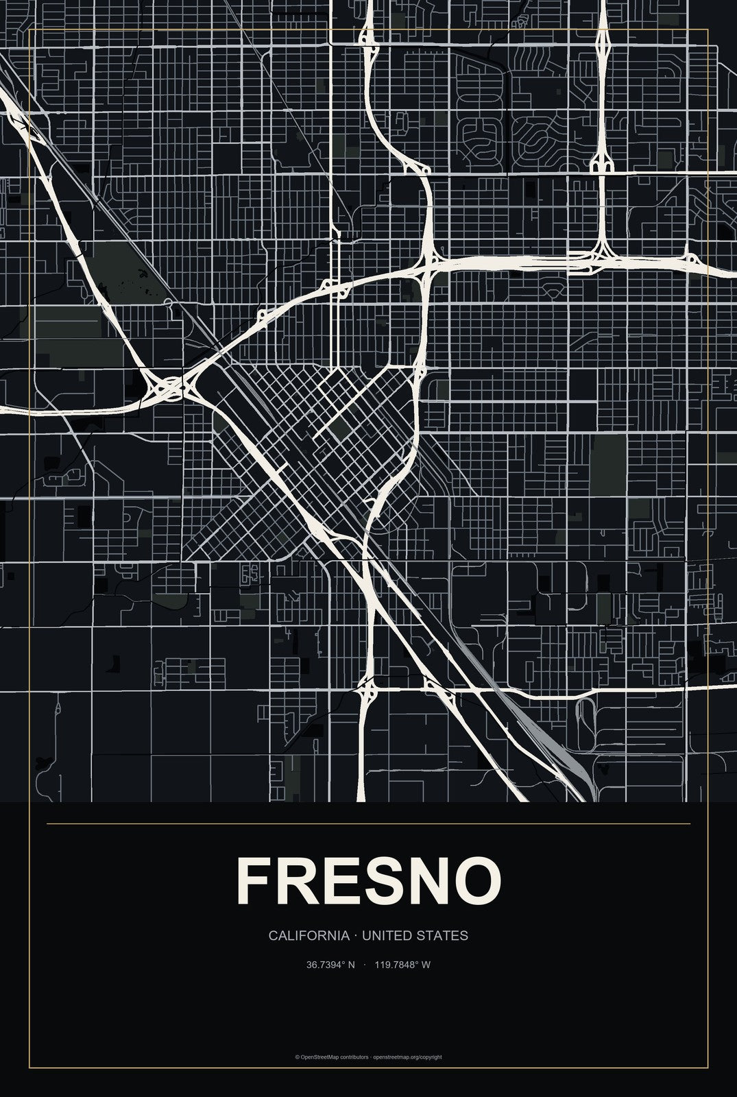 Fresno, California City Map Aluminum Sign in Metropolitan Noir style