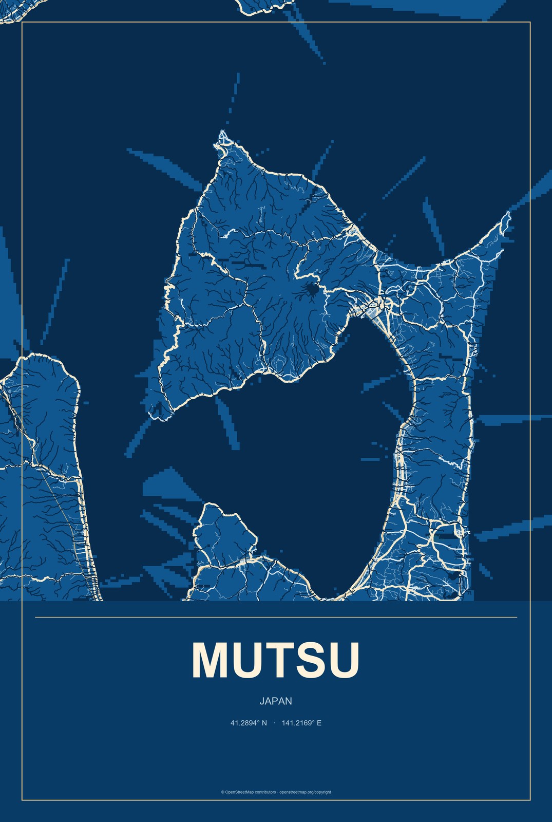 Mutsu, Japan City Map Aluminum Sign in Harbor Cobalt style