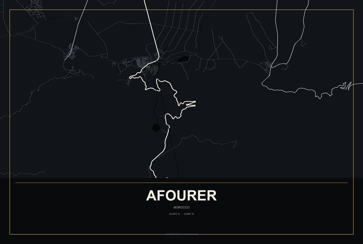 Afourer, Morocco City Map Aluminum Sign in Metropolitan Noir style