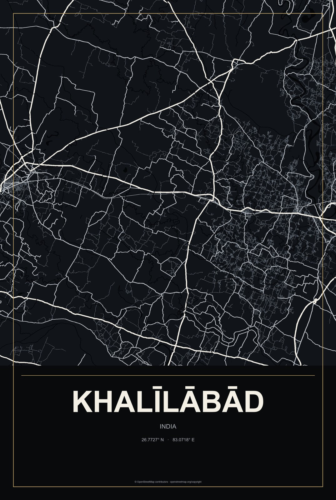 Khalīlābād, India City Map Aluminum Sign in Metropolitan Noir style