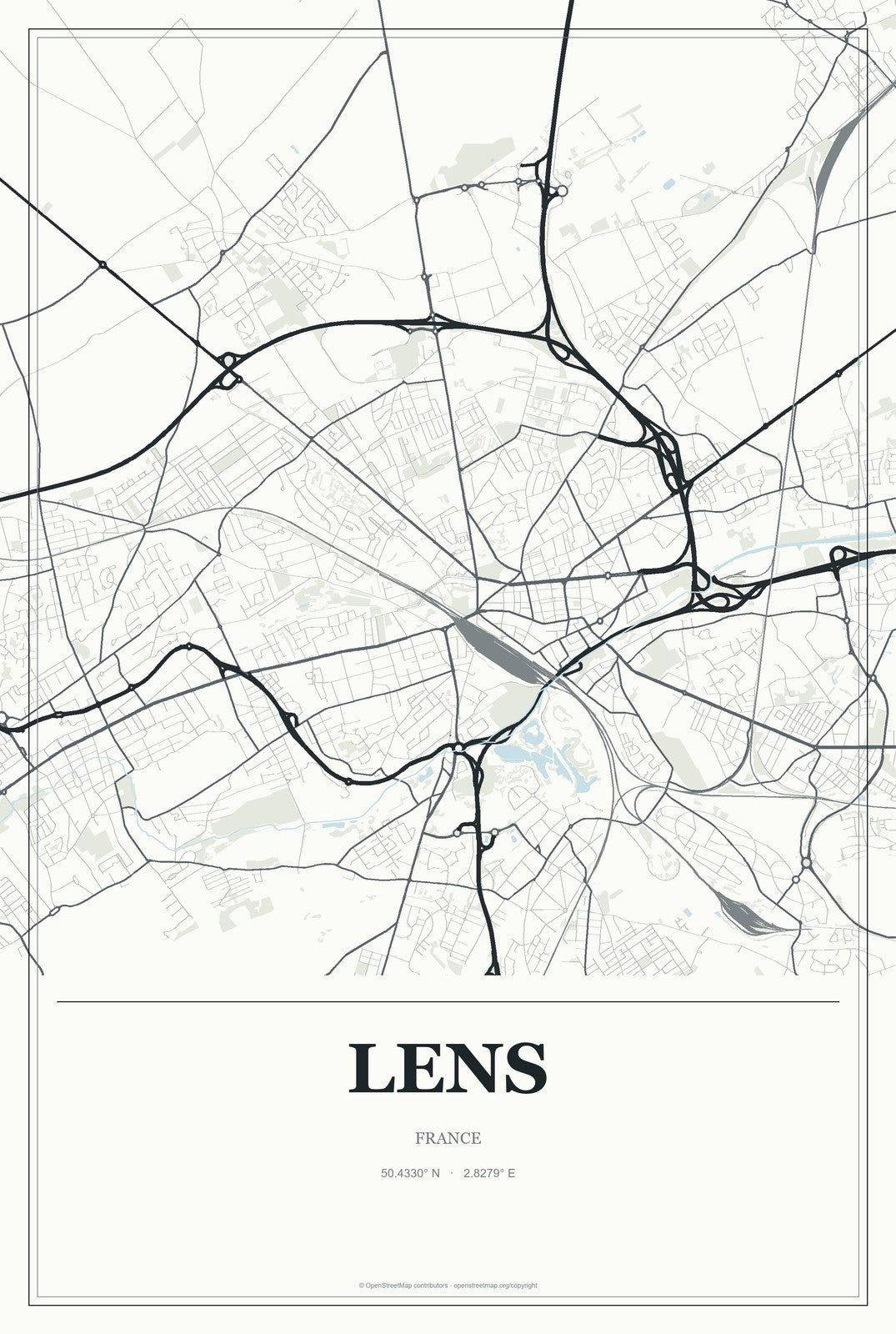 Lens, France City Map Aluminum Sign in Gallery Air style