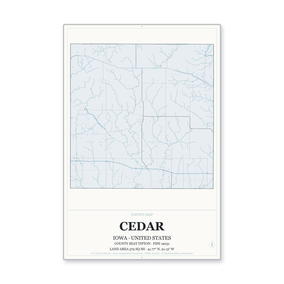 Cedar County, Iowa Map Aluminum Sign in Gallery Air style