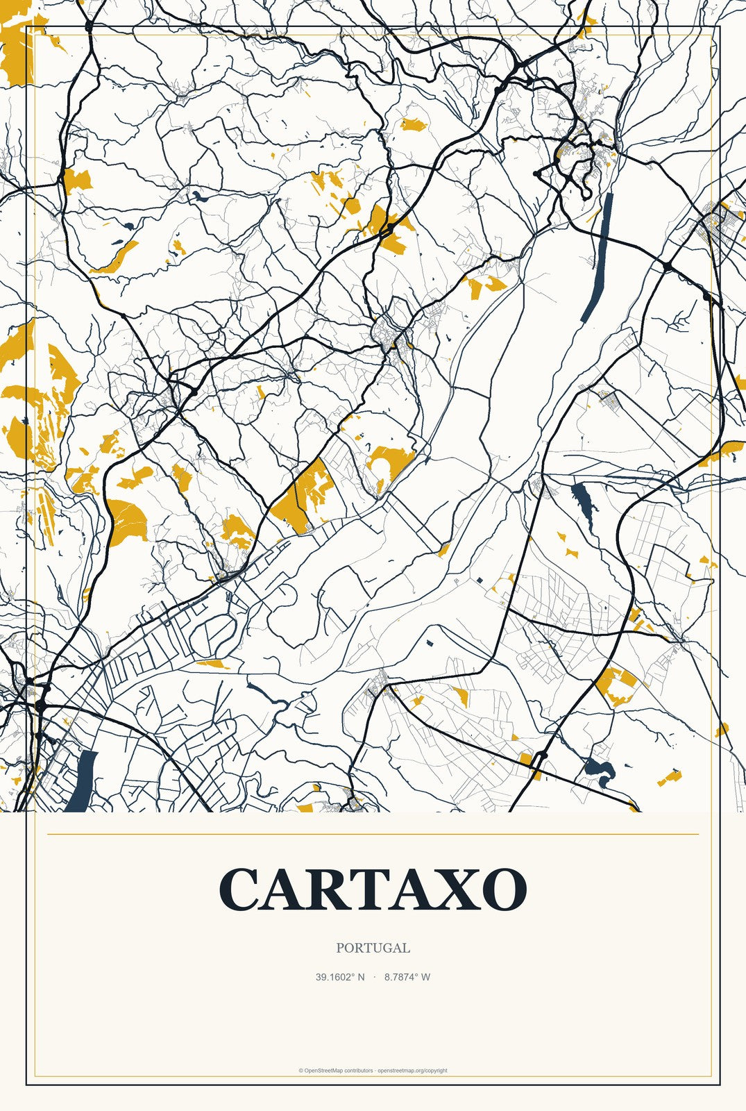 Cartaxo, Portugal City Map Aluminum Sign in Citrine Modern style