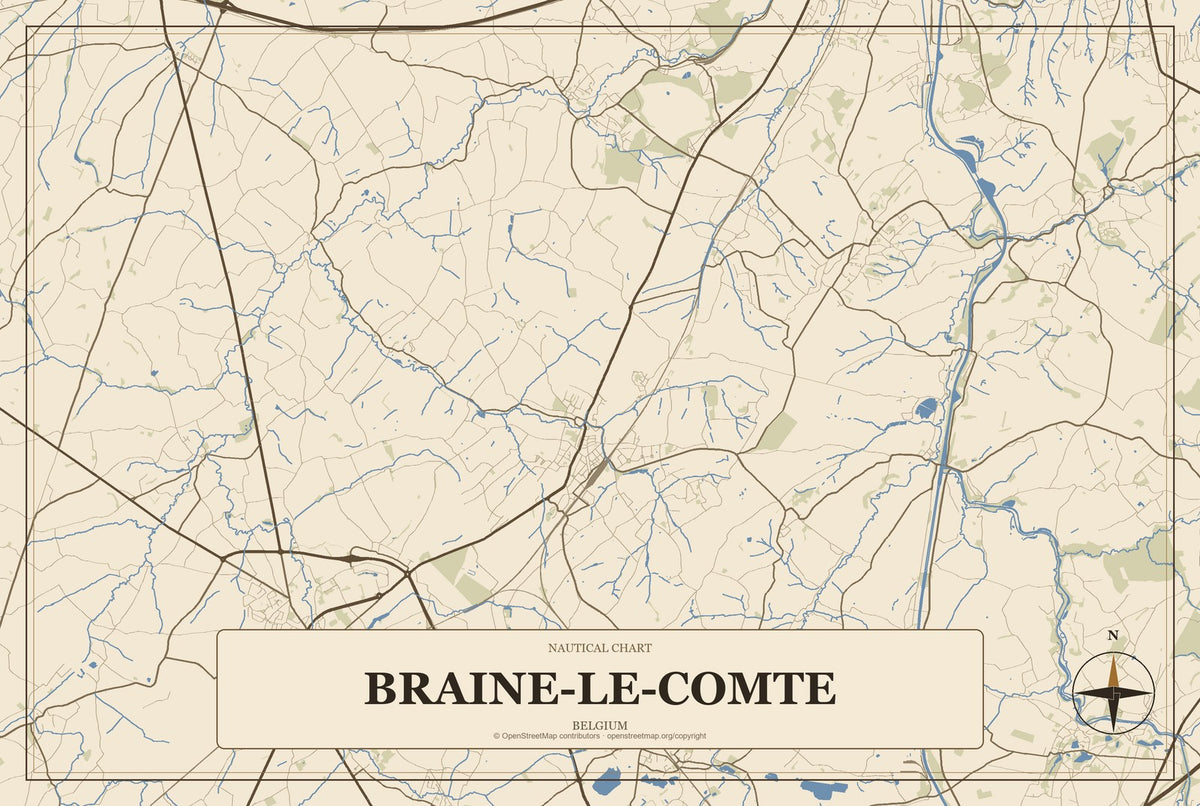 Braine-le-Comte, Belgium City Map Aluminum Sign in Heritage Nautical style