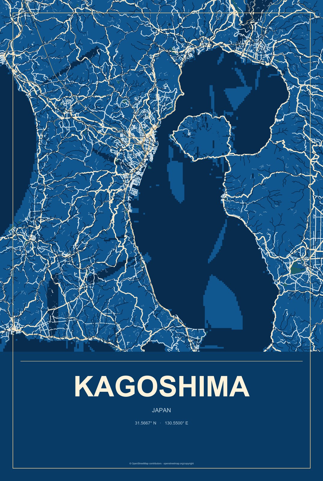 Kagoshima, Japan City Map Aluminum Sign in Harbor Cobalt style
