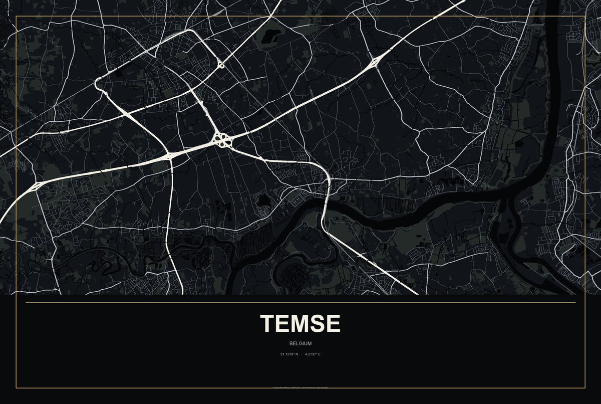 Temse, Belgium City Map Aluminum Sign in Metropolitan Noir style