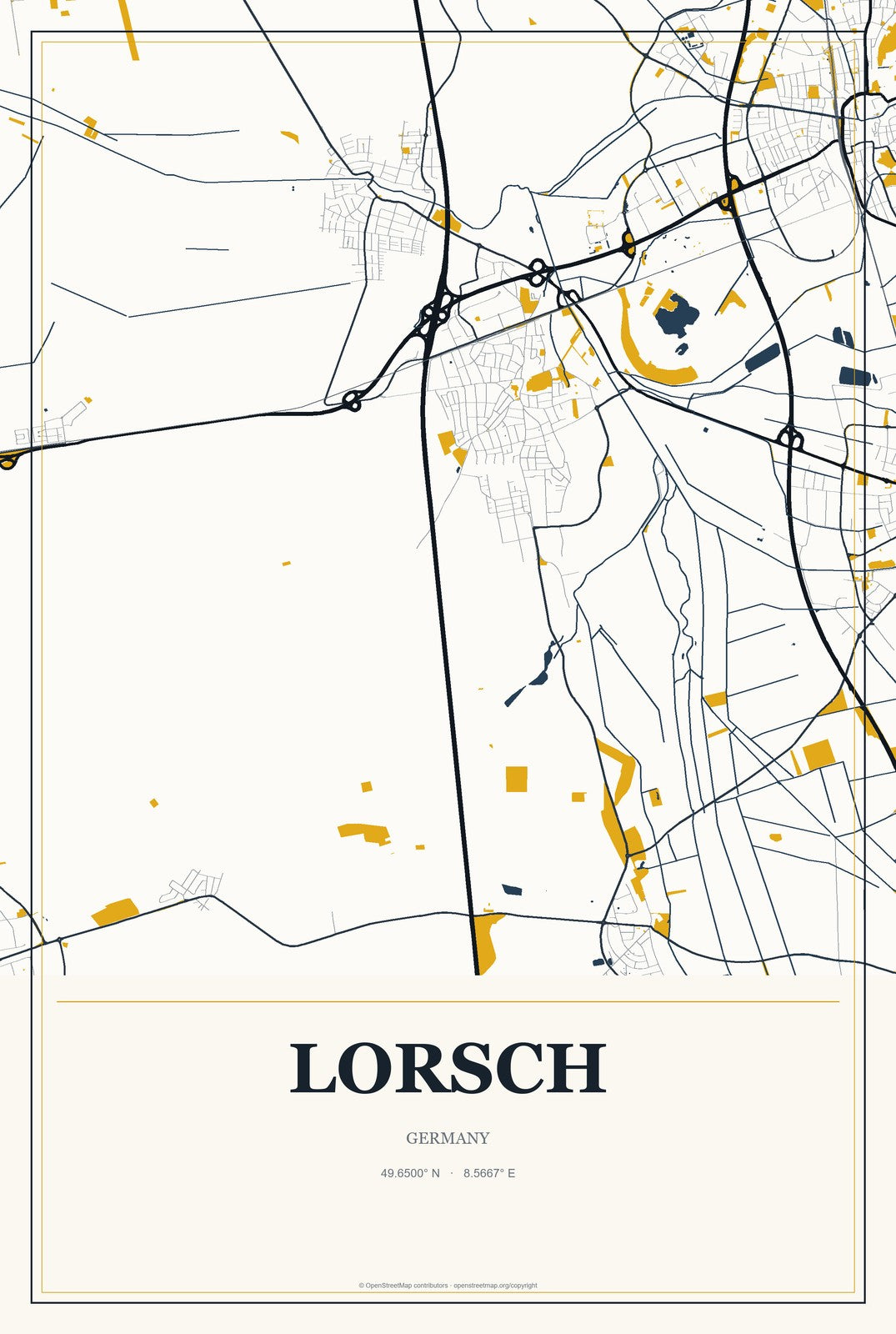Lorsch, Germany City Map Aluminum Sign in Citrine Modern style