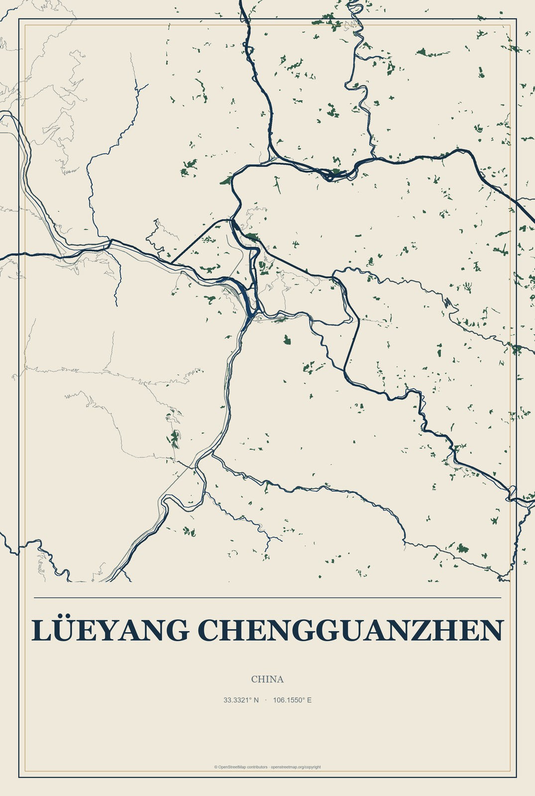 Lüeyang Chengguanzhen, China City Map Aluminum Sign in Coastal Cutout style