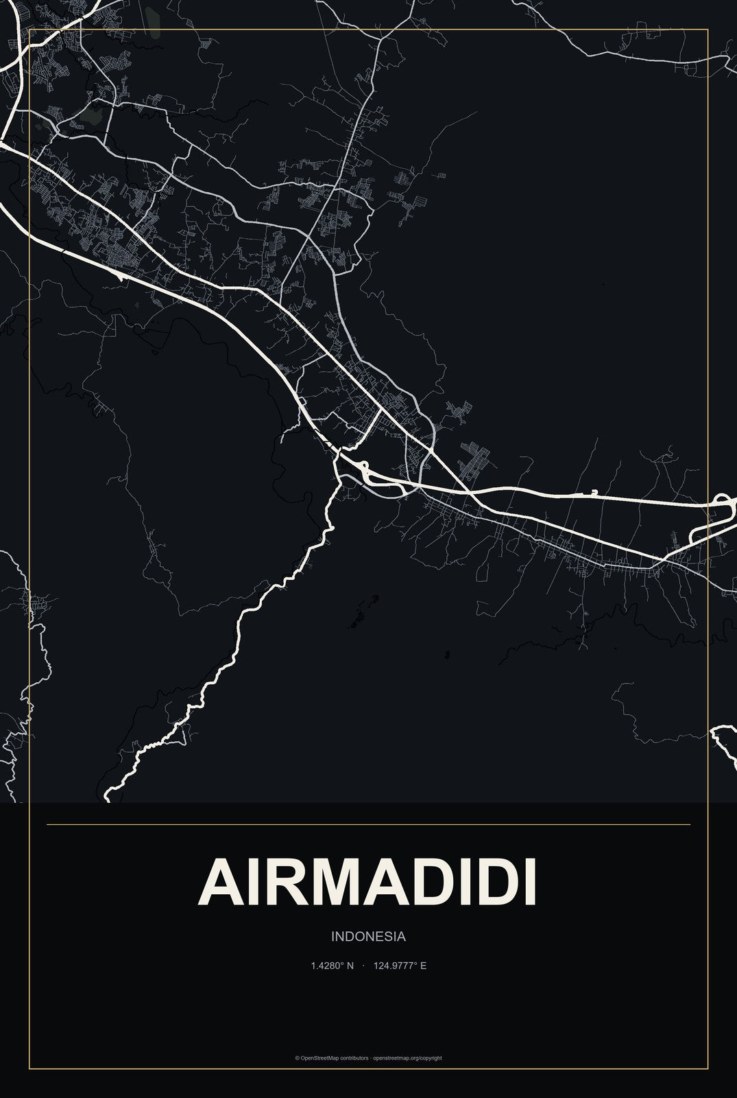 Airmadidi, Indonesia City Map Aluminum Sign in Metropolitan Noir style