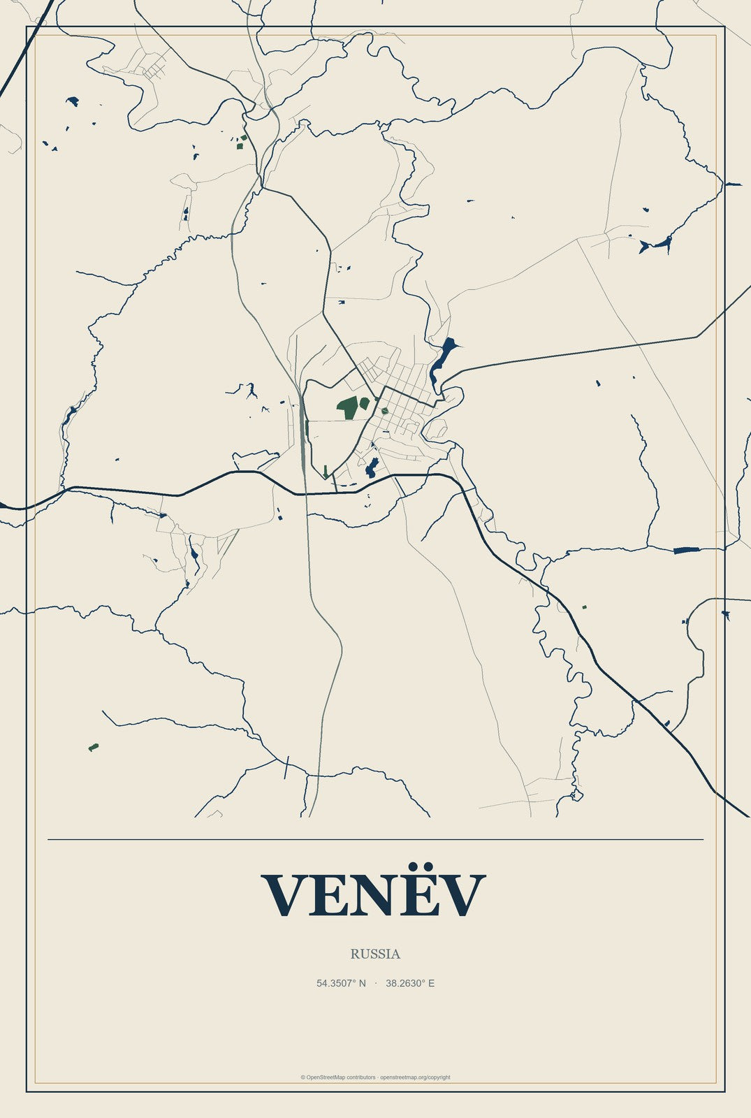Venëv, Russia City Map Aluminum Sign in Coastal Cutout style