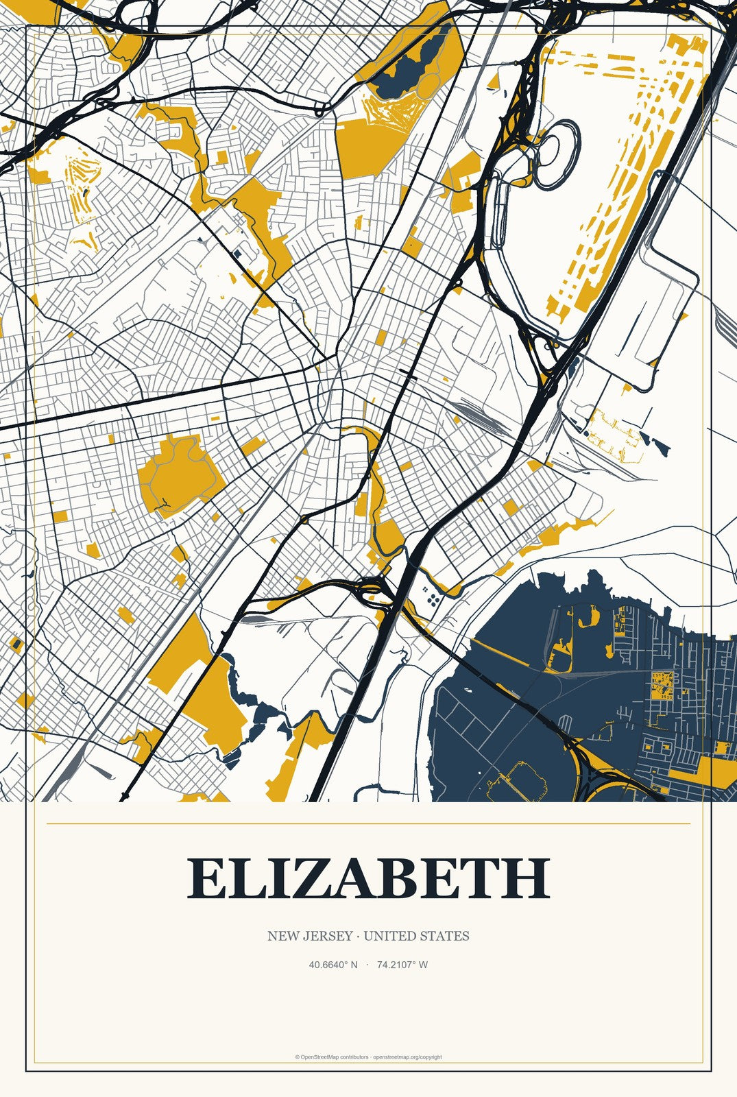 Elizabeth, New Jersey City Map Aluminum Sign in Citrine Modern style