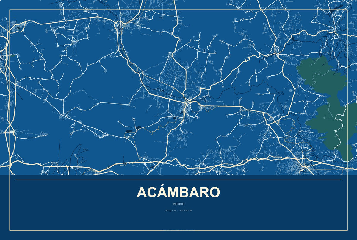 Acámbaro, Mexico City Map Aluminum Sign in Harbor Cobalt style