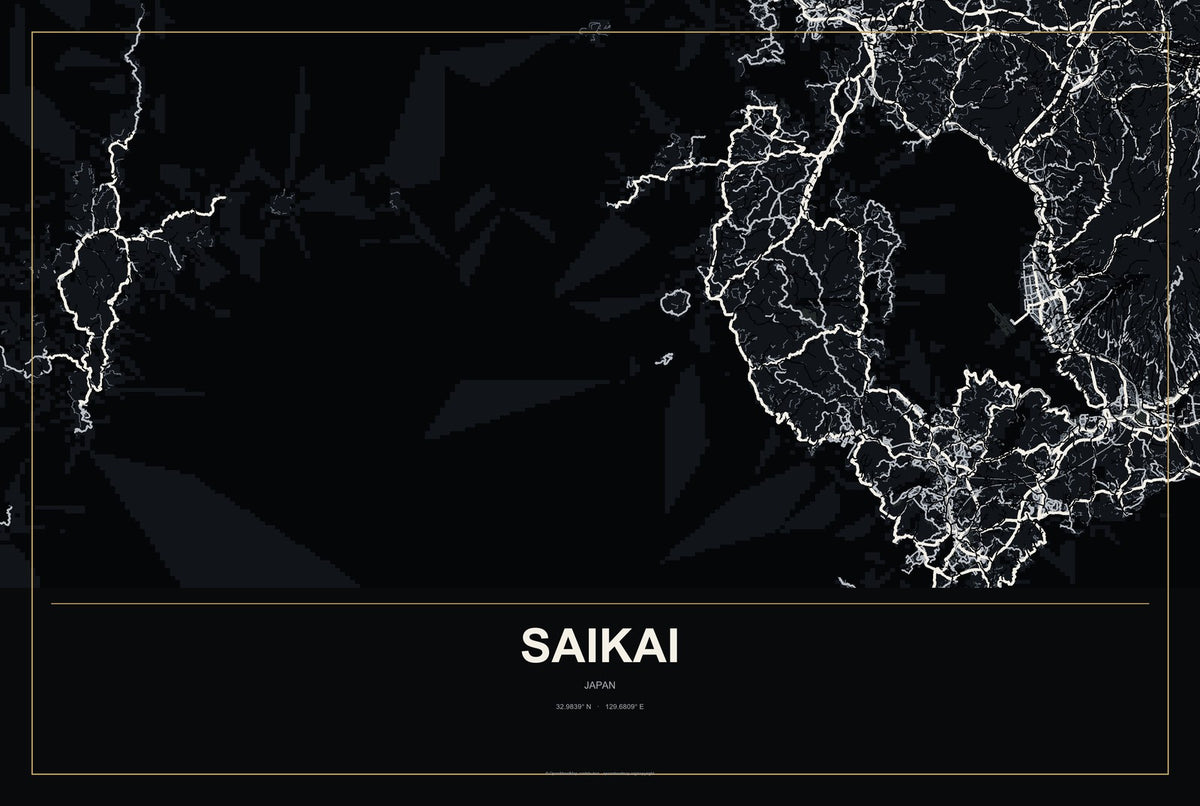 Saikai, Japan City Map Aluminum Sign in Metropolitan Noir style