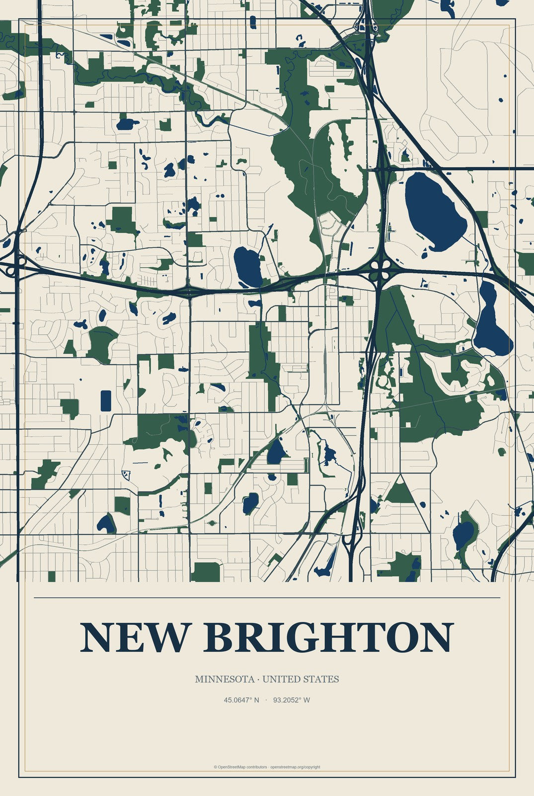 New Brighton, Minnesota City Map Aluminum Sign in Coastal Cutout style
