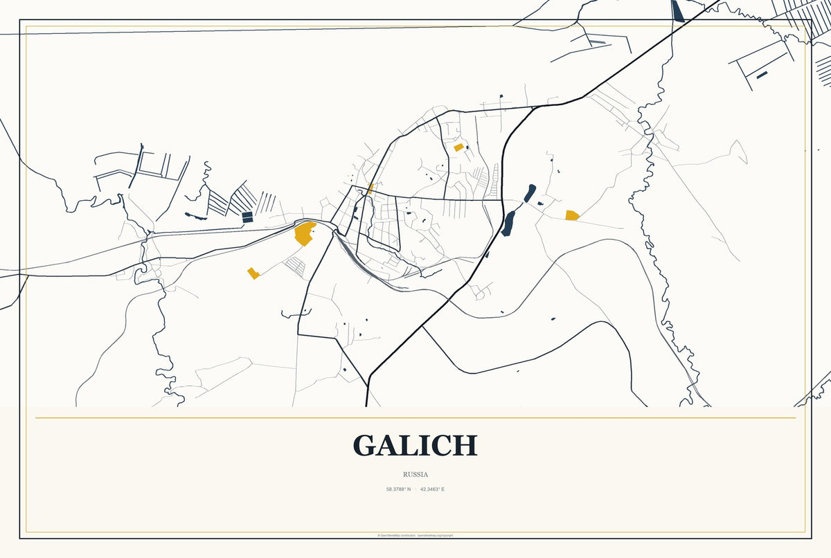 Galich, Russia City Map Aluminum Sign in Citrine Modern style