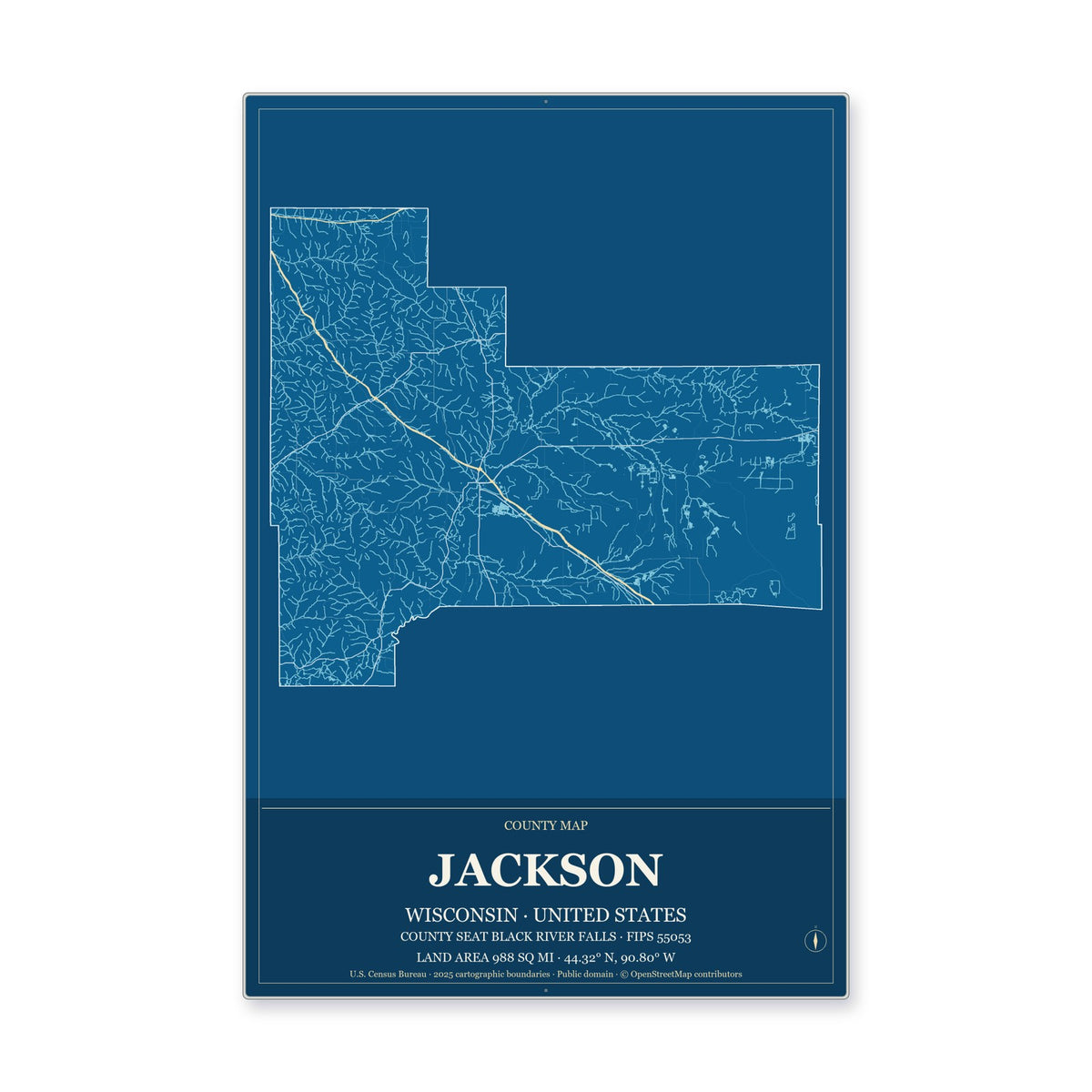 Jackson County, Wisconsin Map Aluminum Sign in Harbor Cobalt style